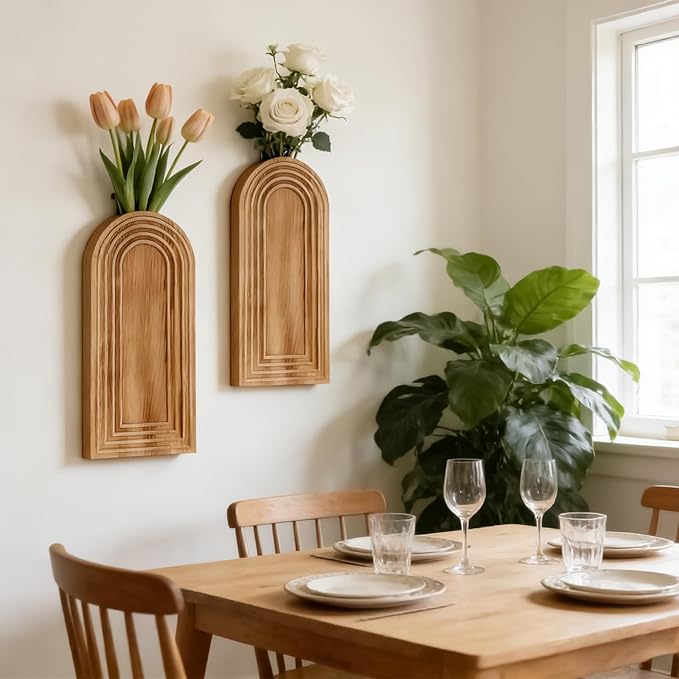 2 Pack Wooden Wall Vase Set, Boho Hanging Planter for Indoor Plants & Flowers, Wood Wall-Mounted Planters for Living Room, Modern Farmhouse Entryway or Bathroom, Rustic Art for Home (Brown) Rootora