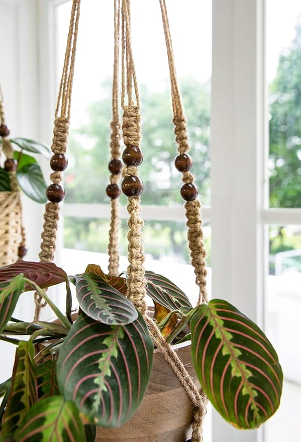 Mkono Macrame Plant Hanger Indoor Jute Hanging Planter Basket with Wood Beads Decorative Flower Pot Holder No Tassels for Indoor Outdoor Boho Home Decor 35 Inch, Brown, Set of 1 (POTS NOT Included) Mkono