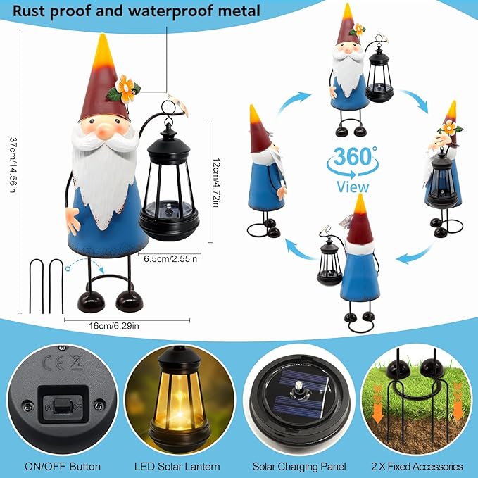 Solar Garden Gnome Statue with Lights,14.56in Tall Solar Gnome Garden Sculptures, Birthday Gift for Woman Grandma Big Metal Decorative for Outdoor Patio Porch Ornaments Lawn Yard Balcony yulloyello