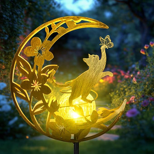 Cat Lights Outdoor Decor - Moon & Cat Sola Garden Lights Waterproof, Auto On/Off Pathway Lighting for Yard/Lawn/Patio, Handcrafted Metal Solar-Stake-Lights for Outside Decorations ShangTianFeng
