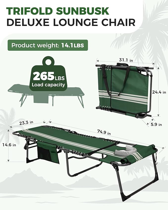 KingCamp 2 Pack Folding Lounge Chair Outdoor, Tanning Chair with Face Hole Comfy Adjustable 5-Position Foldable Chaise Chaser Lounger for Outside Beach Patio Sun Bathing Pool, Green/White KingCamp