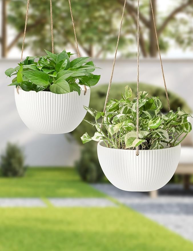 UBEE Ceramic Hanging Planters Indoor Outdoor, 7.5 Inch + 6.5 Inch Hanging Flower Pot for Plants Hanging Basket for Succulent Pothos Herbs Window Home Decor, 2 Pack, White Rootora