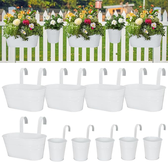 HowRU Metal Iron Flower Pots for Railing Fence Hanging Bucket Pots(5 Pcs) and Hanging Flower Pots Metal Iron Bucket Planter(10 Pcs) (White) HowRU