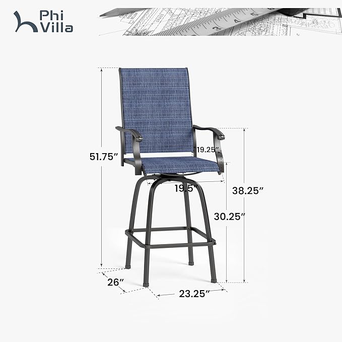 PHI VILLA Outdoor Swivel Bar Stools Set of 4, Bar Height Patio Stools & Chairs with All Weather Textilene Sling Fabric, 30 Inch High Top Tall Bar Chairs for Outside Balcony & Porch, Blue PHIVILLAThepioneerofcomfortablehouseholdsupplies