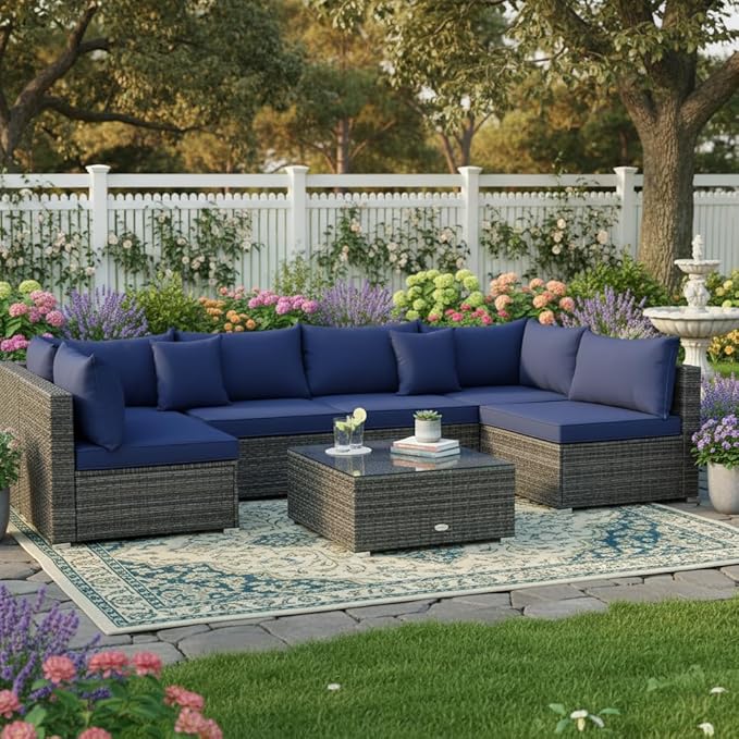 Tangkula 7 Pieces Wicker Patio Furniture Set, All-Weather Outdoor Rattan Sectional Sofa Set with Cushions & Tempered Glass Coffee Table, Outside Sofa Set for Garden, Lawn, Deck, Backyard (Navy) TANGKULA