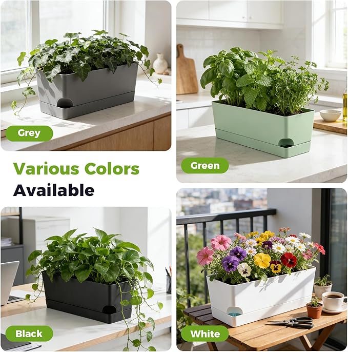 4 Pack Self Watering Pots for Indoor Plants 17 Inches Window Boxes Planters Rectangular Flower Pots Rectangle Herb Pots Large Plant Pots with Drainage Holes and Saucers Windowsill Planter, Green KvyusFlourish