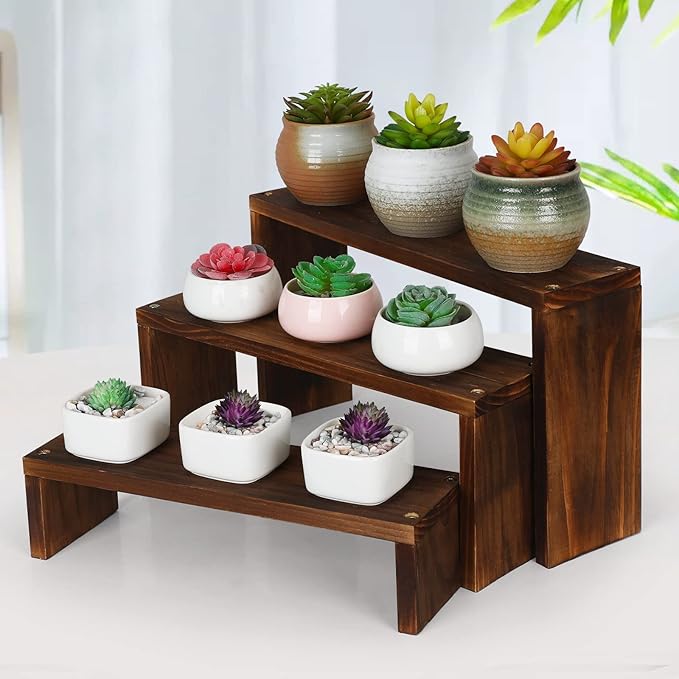 Desk Plant Stand Windowsill Plant Shelf 3 Tiers Wooden Tabletop Plant Shelves Small Countertop Desktop Shelf for Succulent Cupcake Stands Spice Rack COOGOU