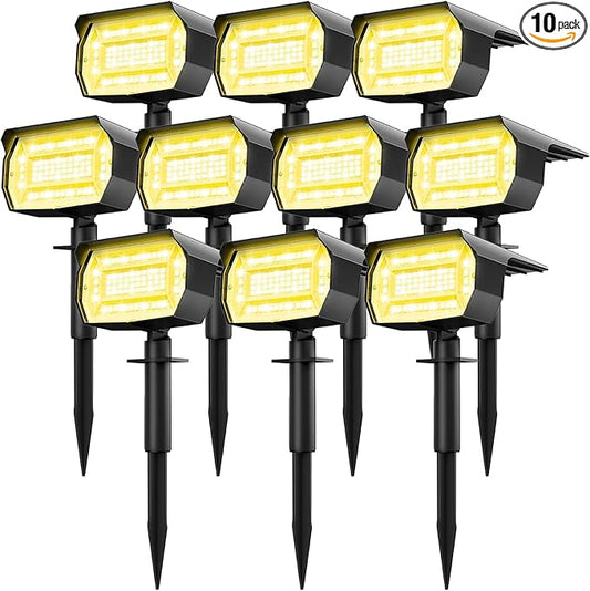 LOTMOS Solar Spot Lights Outdoor Waterproof IP67, 10 Pack Landscape Spotlights with 72 LEDs，3 Modes/ 2-in-1/Auto On/Off Solar Powered Flood Lights for Outside Garden Lawn Patio Driveway (Warm White) LOTMOS