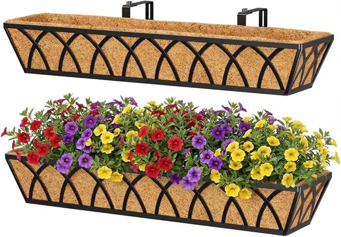 Y&M 30 Inch Window Deck with Coco Liner, Fence Metal Hanging Flower Planter Basket Deck Railing Planter Boxes for Outdoor Garden Lawn, 24" Window Boxes Horse Trough with Coconut Coir Liner,2pcs YM