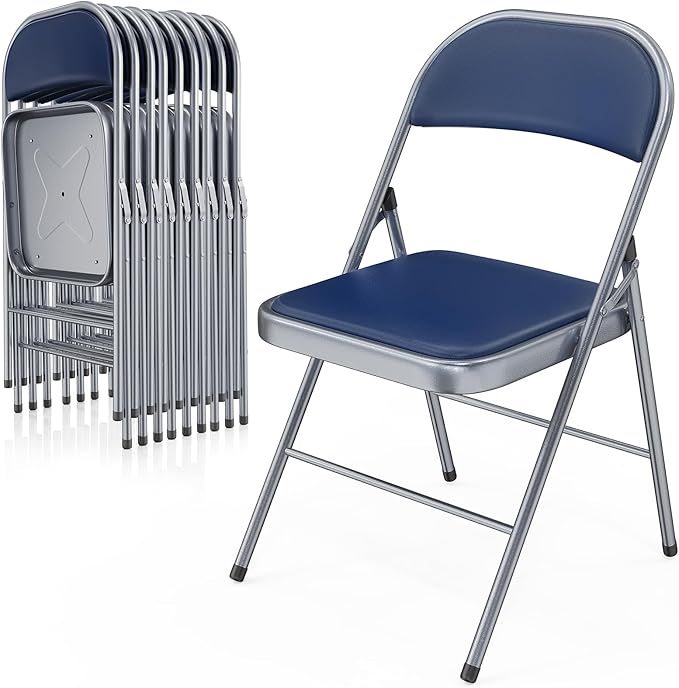 VINGLI 10 Pack Folding Chairs with Padded Seats, Metal Frame with Pu Leather Seat & Back, Capacity 350 lbs, Blue VINGLI