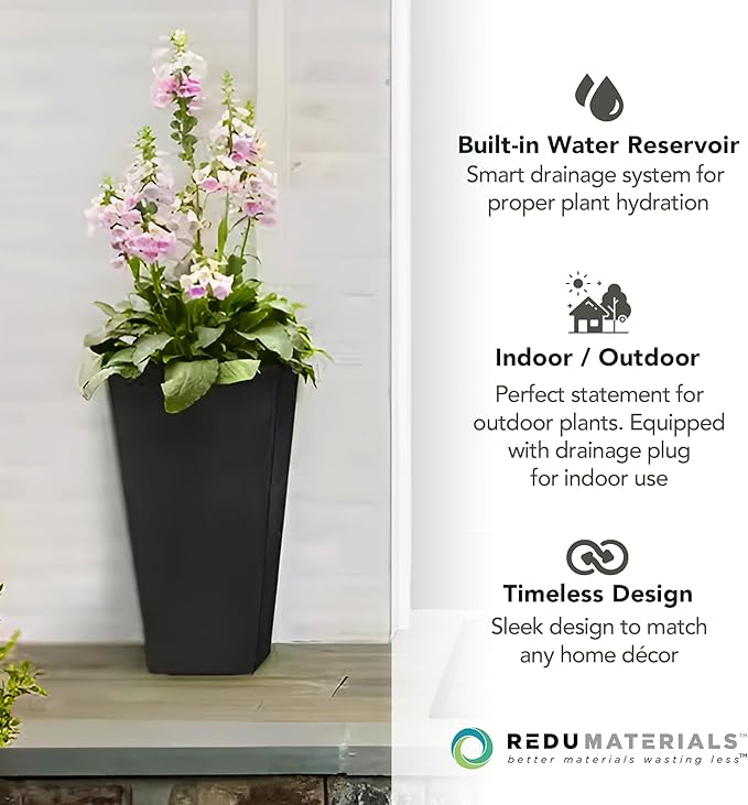 Tierra Verde 2-Pack Indoor & Outdoor Self-Watering Square Planters, Medium, Sonata, Black - Planter Containers for Plants and Flowers - Gardening and Landscaping Accessories TierraVerde
