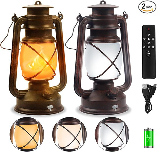2 Pack Bronze Vintage 4 Modes Light LED Lanterns，Rechargeable Dancing Flame Lanterns Decorative Outdoor&Indoor, Remote Control Waterproof Hanging Lights for Camping,Patio Garden Pathway Wondrastical