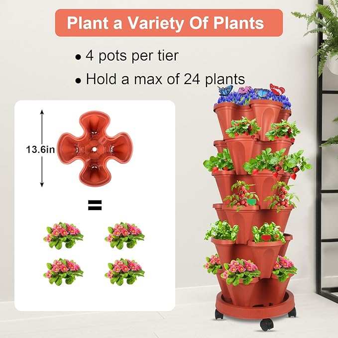 GameXcel Vertical Planter, 6 Tier Stackable Strawberry Planter with Garden Tool Set, Movable Indoor/Outdoor Garden Herb Pot for Growing Vegetables and Succulents, Red GameXcel