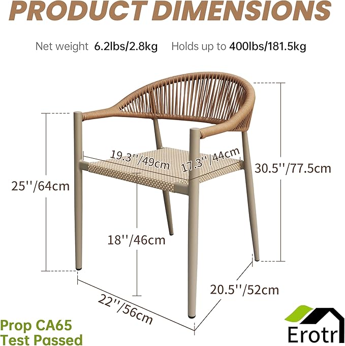 8 Pcs Stackable Patio Dining Chairs, Aluminum Rattan Outdoor Dining Chair with Arms, Woven Rope Garden Armchair Metal No Assembly for Bistro Balcony Porch Deck Yard Cafe Restaurant, Light Brown Erotr