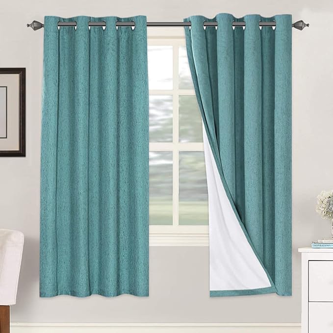 H.VERSAILTEX Linen Blackout Curtains 72 Inches Long 100% Absolutely Blackout Thermal Insulated Textured Linen Look Curtain Draperies Anti-Rust Grommet, Energy Saving with White Liner, 2 Panels, Teal HVERSAILTEX