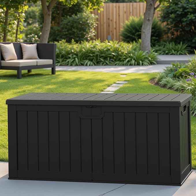 Patiowell 240 Gallon Large Outdoor Storage Box, Waterproof Deck Box with Fixed Divider, Lockable and Durable Patio Storage Solution for Patio Furniture and Garden Tools (Black)