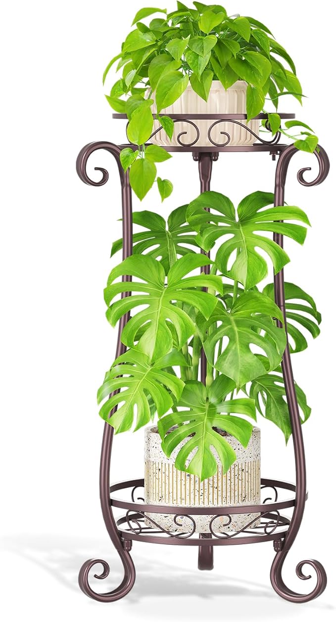 LASZOLA 2 Tier Bronze Metal Plant Stand for Multiple Large Planters Indoor Outdoor Organizer, Heavy Duty Tall Flower Stand for Corner Patio Bathroom Office, Modern Sturdy Vertical Iron Rack, Cat Proof LASZOLA