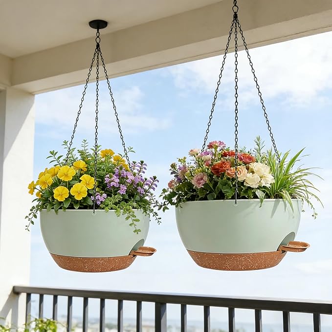 2 Pack 12 Inch Self Watering Hanging Planters for Indoor Plants, Large Green Brown Plastic Hanging Pots with Chains for Outdoor Patio Garden Home Decor Green Brown zople