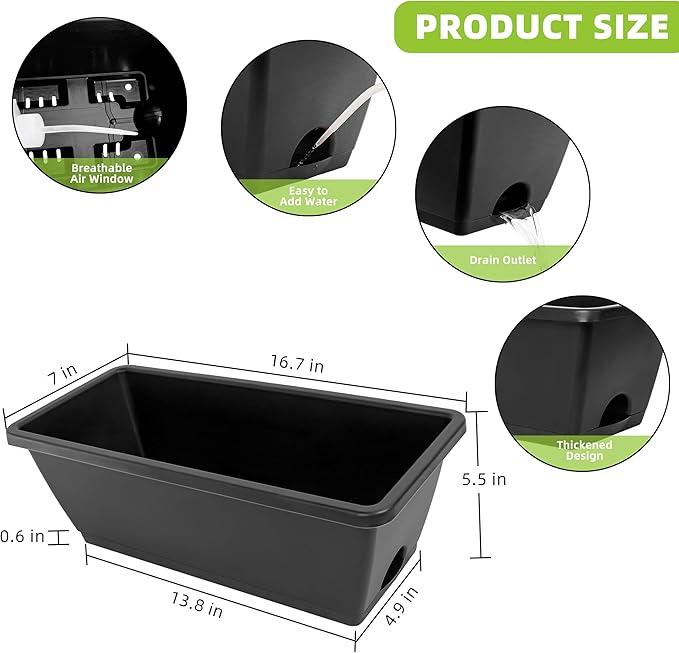 Window Box Planter, 12 Pack Plastic Vegetable Flower Planters Boxes 17 Inches Rectangular Flower Pots with Saucers for Indoor Outdoor Garden, Patio, Home Decor (Brick RED) (Dark Grey) LOCONHA