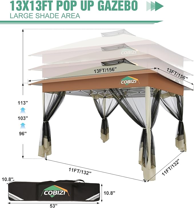 COBIZI Gazebo 13x13 Pop Up Canopy, Gazebos on Clearance - Canopy Tent with Mosquito Netting for Lawn, Garden, Backyard & Patio - Carpas para Patio- Water Resistant and UPF50+ (Khaki) COBIZI