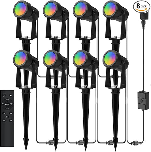 Banord RGBW Color Changing Outdoor Landscape Lighting, 8 Pack Low Voltage LED Outdoor Spotlight with Remote, IP65 Waterproof for Yard, Garden, Lawn Banord