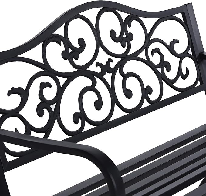 Sophia & William 50" Outdoor Garden Bench Patio Park Bench, Cast Iron Metal Frame Furniture with Floral Design Backrest for Porch Yard Lawn Deck, Black SophiaWilliam