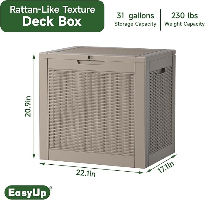 EasyUp 31 Gallon Outdoor Storage Box, Resin Waterproof UV-Resistant Deck Box, Reinforced Stability for Patio, Garden, and Poolside, Rattan Gray EASYUP