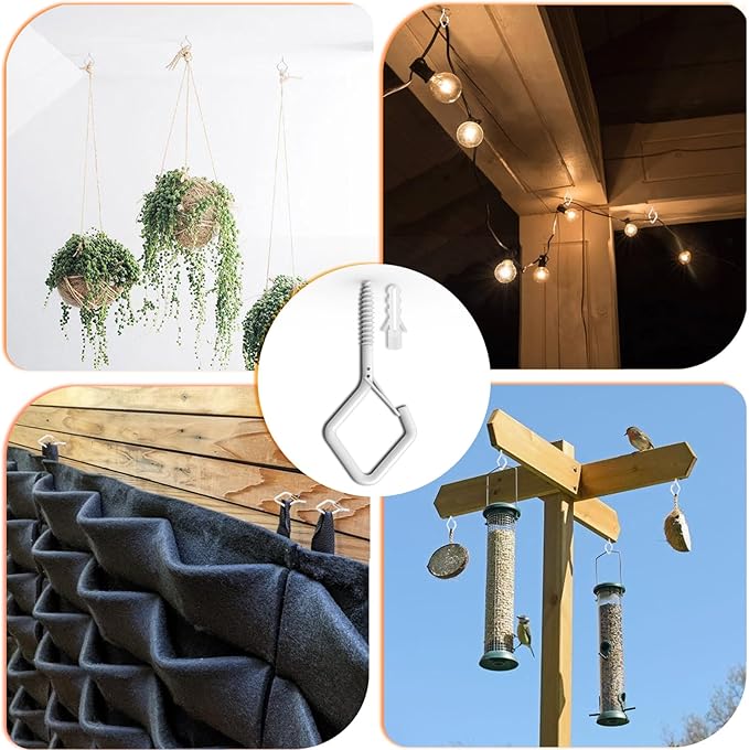 2.2" Screw in Hooks with Safety Buckle Design for Hanging Outdoor String Lights, Plant, Flowers, Heavy Duty Outdoor Garden Lights Q-Hooks, Wall Mount Ceiling Mount (10Pack White) HEDGBOBO