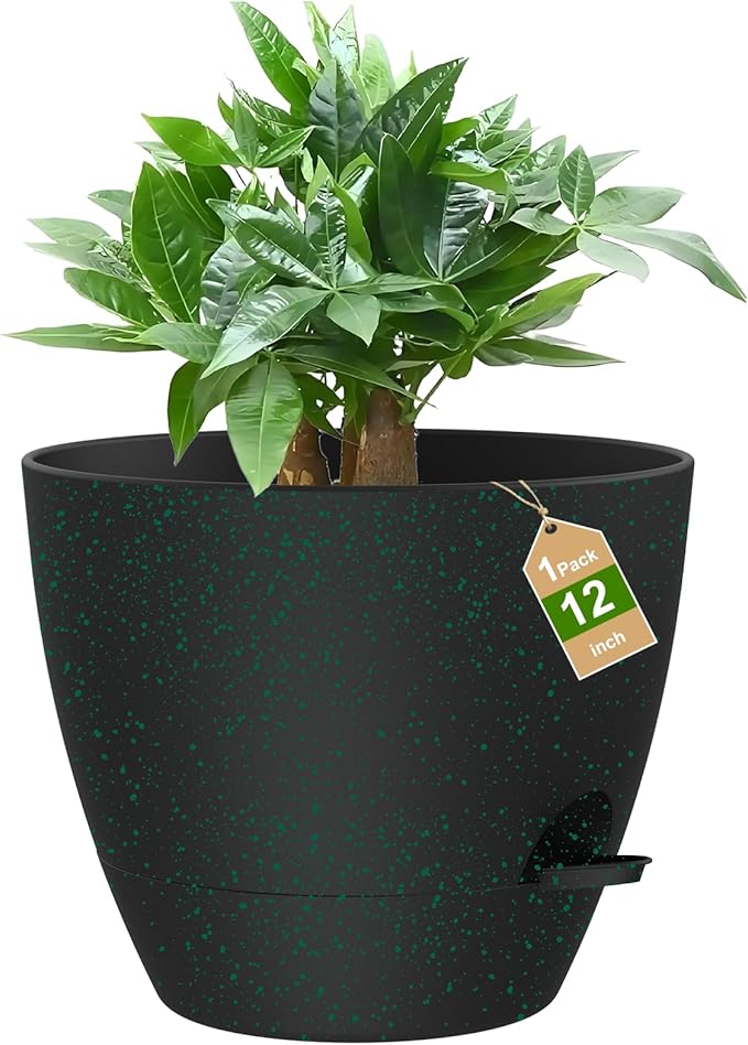 12 Inch Large Self Watering Pots, Flower Pots with Multi-Mesh Drainage Holes and Saucer, Planters for Indoor and Outdoor Garden Plants (Black with Green Speckles) Rootora