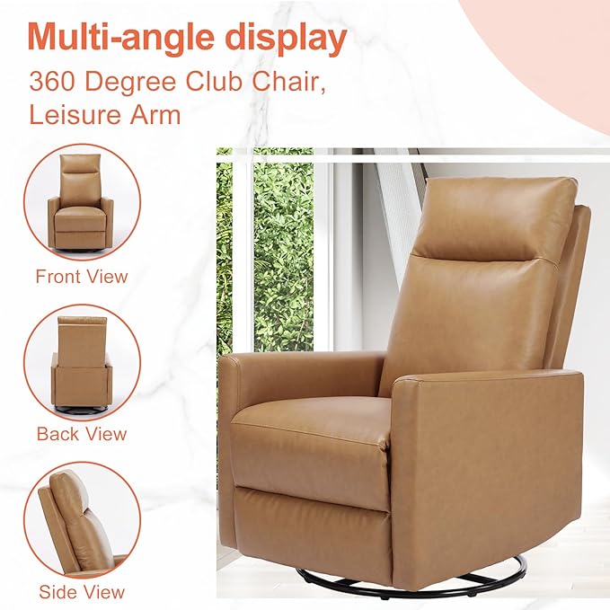Sweetcrispy Recliner Chair, 360 Swivel Rocker Chair for Adults, Glider Rocker Recliners, Nursery Chairs for Living Room, High Back, Upholstered Deep Seat, Classical Brown Sweetcrispy