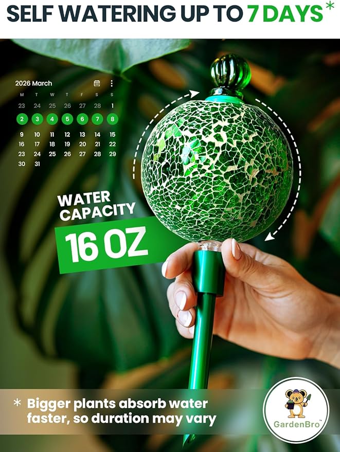 16 Oz Plant Watering Globes for Indoor Plants with Metal Self Watering Planter Insert - Premium XL Glass Hand-Blown Globe - Automatic Plant Waterer Indoor, Gift Idea for Gardeners [1 Globe, Mosaic] GARDENBRO