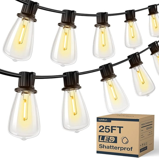 addlon 25FT LED Outdoor String Lights Waterproof Patio Lights with 9 Shatterproof ST38 Replaceable Bulbs(1 Spare), Dimmable Outside Hanging Light Connectable for Porch, Backyard, 2200K Warm Yellow addlon