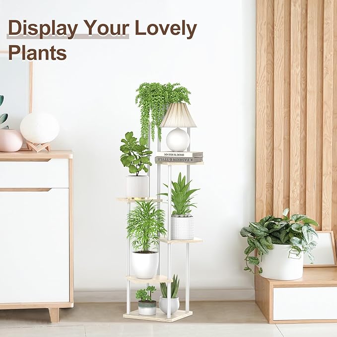 6 Tier Tall Plant Stand Indoor, Large Metal Wood Muti Level Vertical Planter Shelf Orchid Holder for Narrow Corner, Sturdy Heavy Duty Flower Display Rack for House Decor Living Room Bedroom, White Oppro