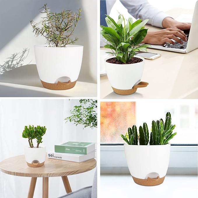 Self Watering Planters with Drainage Holes Reservoir,Nursery Planting Pot for Indoor Decor Garden Plants Succulents,Snake Plant, African Violet,Plastic Flower Pots Set 7+6.5+6+5.5+5 Inch (White) STSTECH