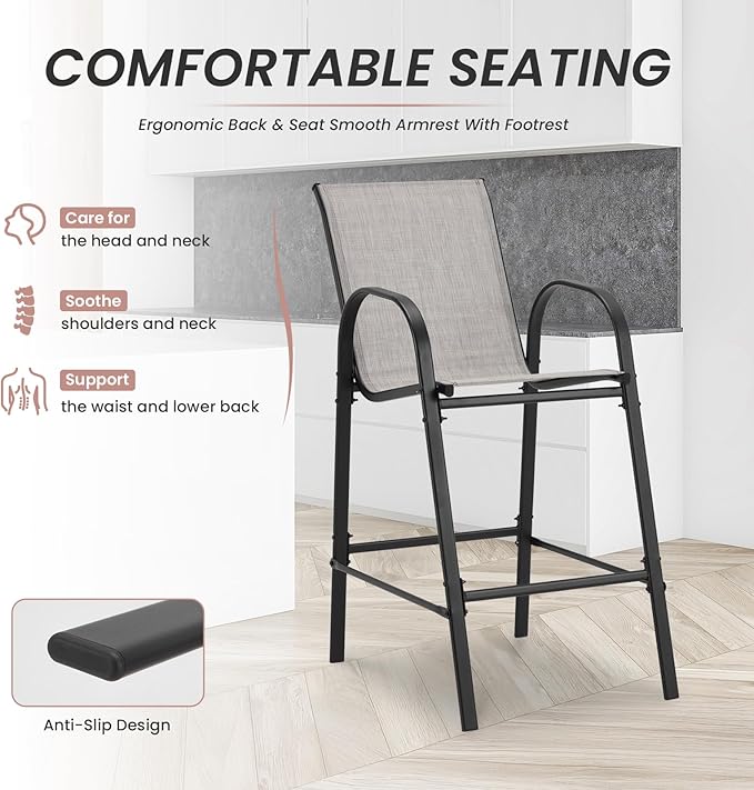 HOMREST Outdoor Bar Height Stools Set of 6,High Back Patio Chairs with Armrests,Textilene Chairs with Breathable Fabric & Metal Frame for All Weather,Light Grey HOMREST