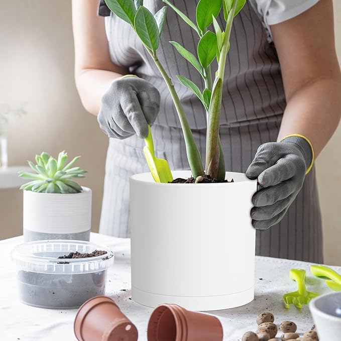 8 Inch Cylinder Plant Pots for Indoor Outdoor Plants, Medium Deep Flower Pots with Drainage Holes & Saucer, Decorative Plastic Planter Pots for Garden House Plants, White WSMKSZ