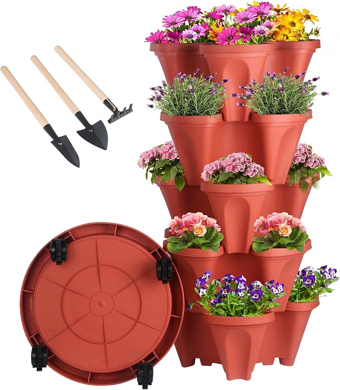 GameXcel Vertical Planter 5 Tier Stackable Planters Garden Planters Strawberry Herb Flower and Vegetable Planter Indoor Outdoor Gardening Pots with Removable Wheels and Tools GameXcel