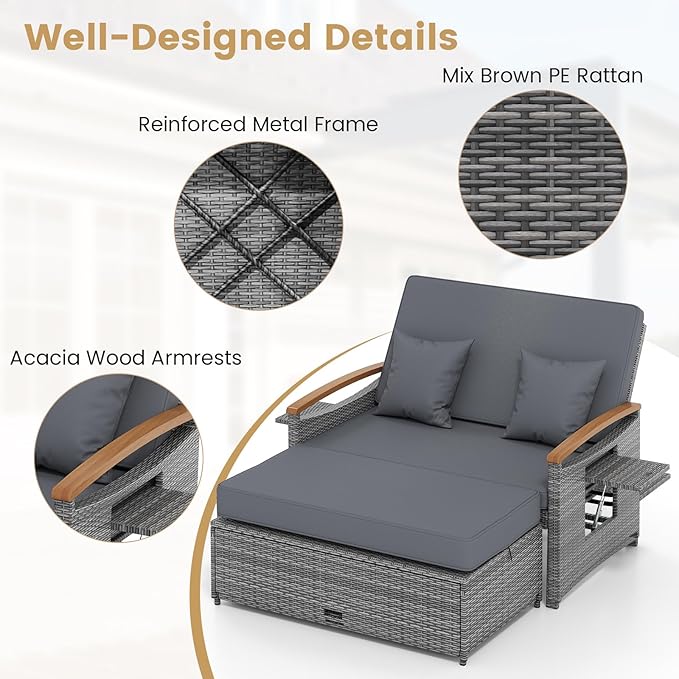 Tangkula Patio Rattan Daybed with 4-Level Adjustable Backrest, Outdoor Wicker Loveseat with Acacia Wood Armrest, Storage Ottoman & Folding Tray, Double Sunbed for Balcony, Backyard & Poolside (Grey) TANGKULA
