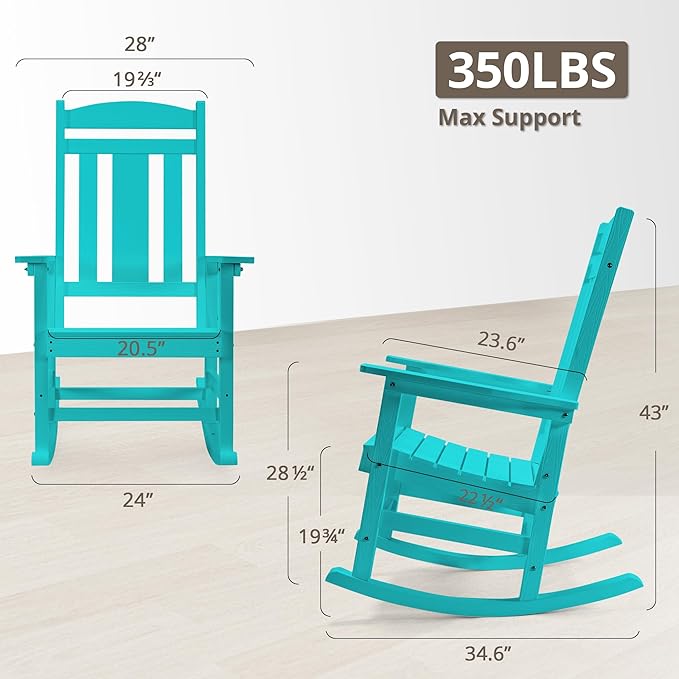 LUE BONA Outdoor Rocking Chairs Set of 4, HDPS Porch Rocker with High Back, Plastic Weather Resistant Rocking Chairs for Outdoor Indoor, Garden, Backyard, 350lb, Aruba Blue LUEBONA