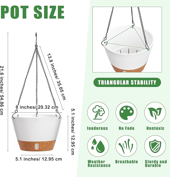 Amyhill 6 Pcs 8 Inch Hanging Planter for Indoor Plants Self Watering Hanging Pot Baskets with Drainage Hole Visible Water Level Tray with Hooks for Garden Outdoor(White) Amyhill