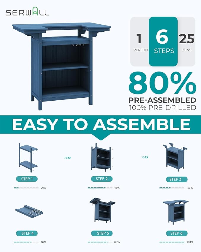 SERWALL Outdoor Bar Table Set (1 Table with 2 Chairs) – HDPE Blue Patio Bar Cabinet with 4-Tier Storage & Spacious Tabletop, Perfect for Outdoor, Poolside, Backyard SERWALL