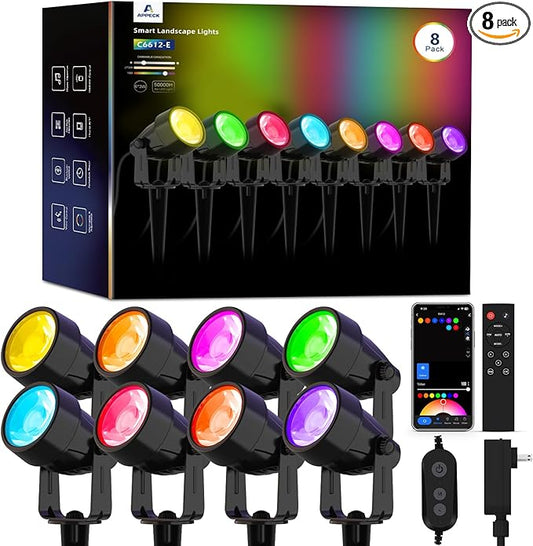 APPECK Landscape Lighting, RGBW Color Changing Low Voltage Landscape Lights with APP Control, IP65 Waterproof Outdoor Spotlights for Garden Yard Outside Decoration, 8 Pack APPECK