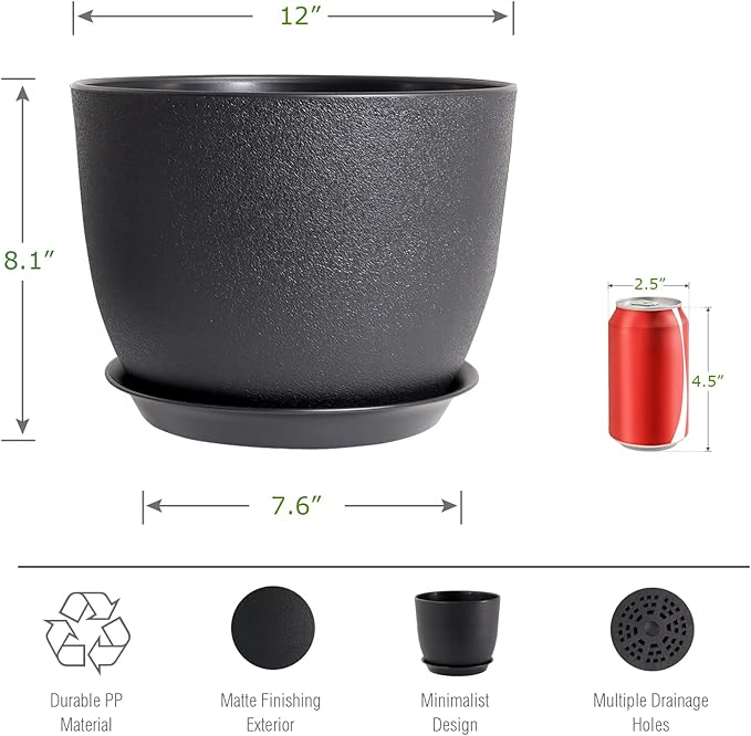 12inch Large Plant Pot, Modern Plastic Planter with High Driange Holes and Saucer for Indoor Outdoor Garden Plants and Flowers, Black UOUZ