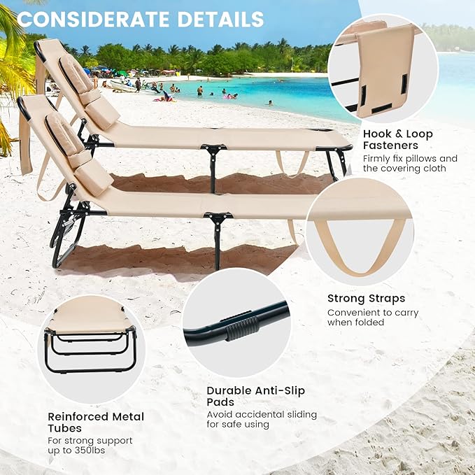 GYMAX Tanning Chair, 350lbs Beach Lounge Chair with Face Hole, Detachable Washable Pillow & Carry Strap, Adjustable Folding Chaise Lounge, Layout Chair for Outside, Patio, Poolside, Lawn (1, Beige) GYMAX