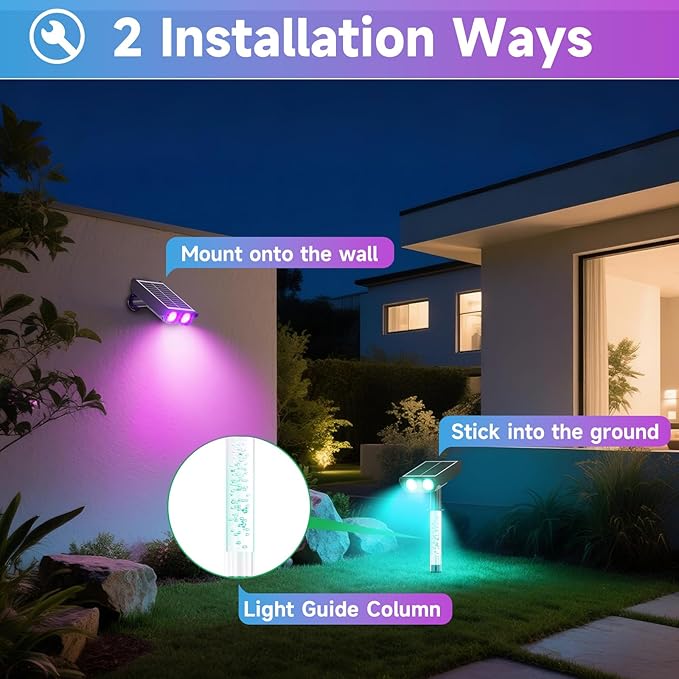 RGB Solar Spot Lights Outdoor with PC Light Guide Column, 8 Lighting Modes Christmas Landscape Lighting, IP65 Waterproof Solar Color Changing Lights Outdoor for Garden Yard Tree Pathway, 6Pack Rootora