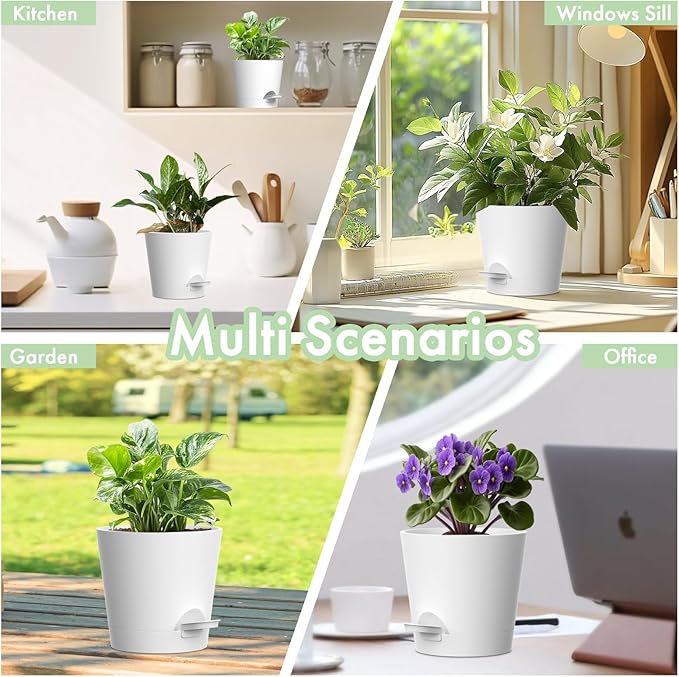 7/6.5/6/5.5/5/4 inch Self Watering Pots for Indoor Outdoor Plants, 6 Pack Plastic Flower Planters with Drainage Holes and Removable Saucers, Plant Pots with Wicking Rope, Modern Decor, White WSMKSZ