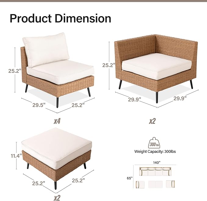 LAUSAINT HOME Outdoor Patio Furniture, 8 Piece Outdoor Sectional Sofa PE Rattan Wicker Patio Conversation Sets,All Weather Patio Furniture Set with Thick Cushions for Garden, Poolside, Backyard(Beige) LAUSAINTHOME