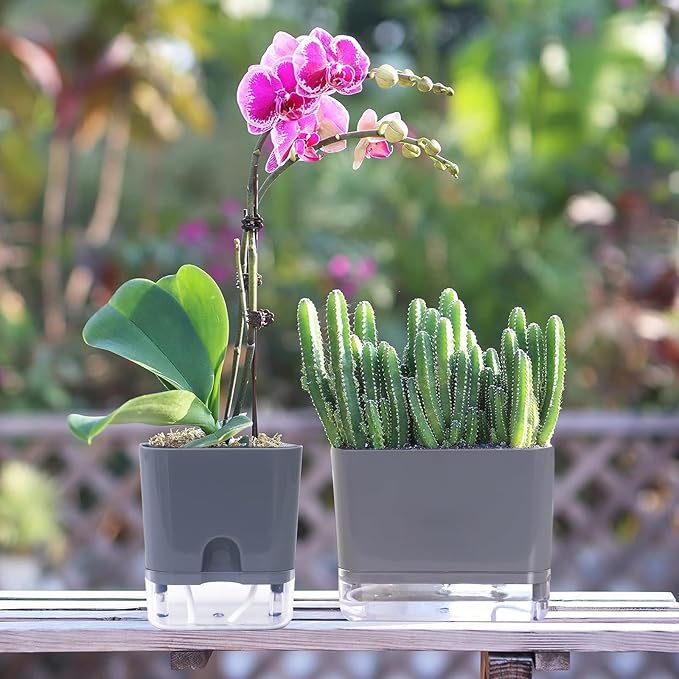 FAMZ Self Watering Pots for Outdoor Plants 4 Pack, Suitable for Indoor and Outdoor Garden Plants and Flowers, Rectangle Planter Box, African Violet Pots, Plant pots, Small Planter (7" Gray) FAMZ
