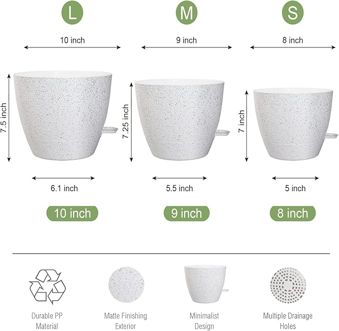 10/9/8 inch Self Watering Pots, Set of 3 Plastic Planters with Mesh Drainage Holes and Deep Reservoir for Indoor Outdoor Garden Plants and Flowers, White Speckles UOUZ