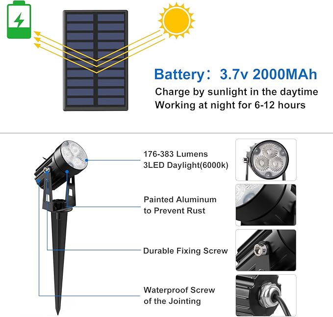 Solar Spot Lights Outdoor, Solar Landscape Spotlights IP65 Waterproof 9.8ft Cable, Auto On/Off Outdoor Wall Lights for Garden Yard Driveway Porch Walkway Pool (1-in-1 6000K Cold White 4 Pack) CREPOW